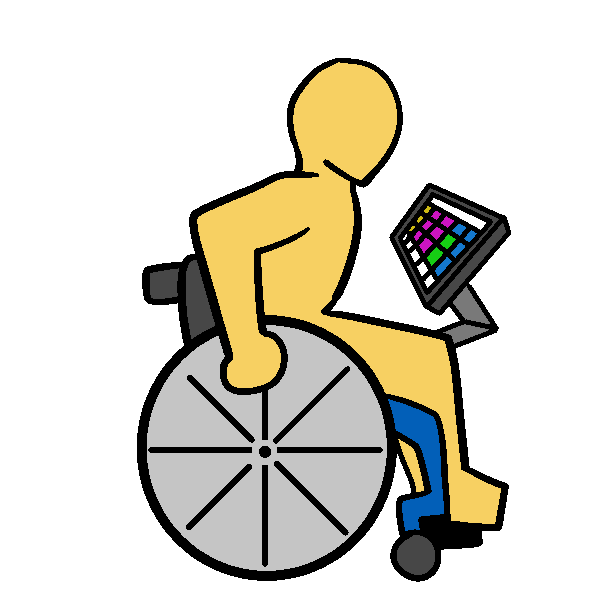 A yellow thin person pushing a blue manual wheelchair. They have an AAC device on a stand.